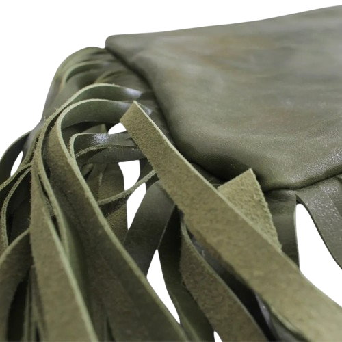Handmade leather clutch in green color with long fringes