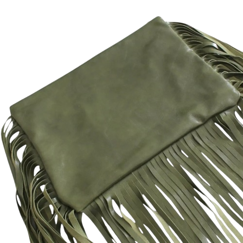 Handmade leather clutch in green color with long fringes