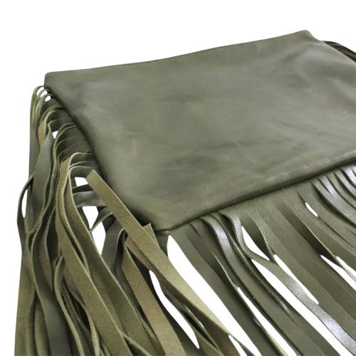 Handmade leather clutch in green color with long fringes